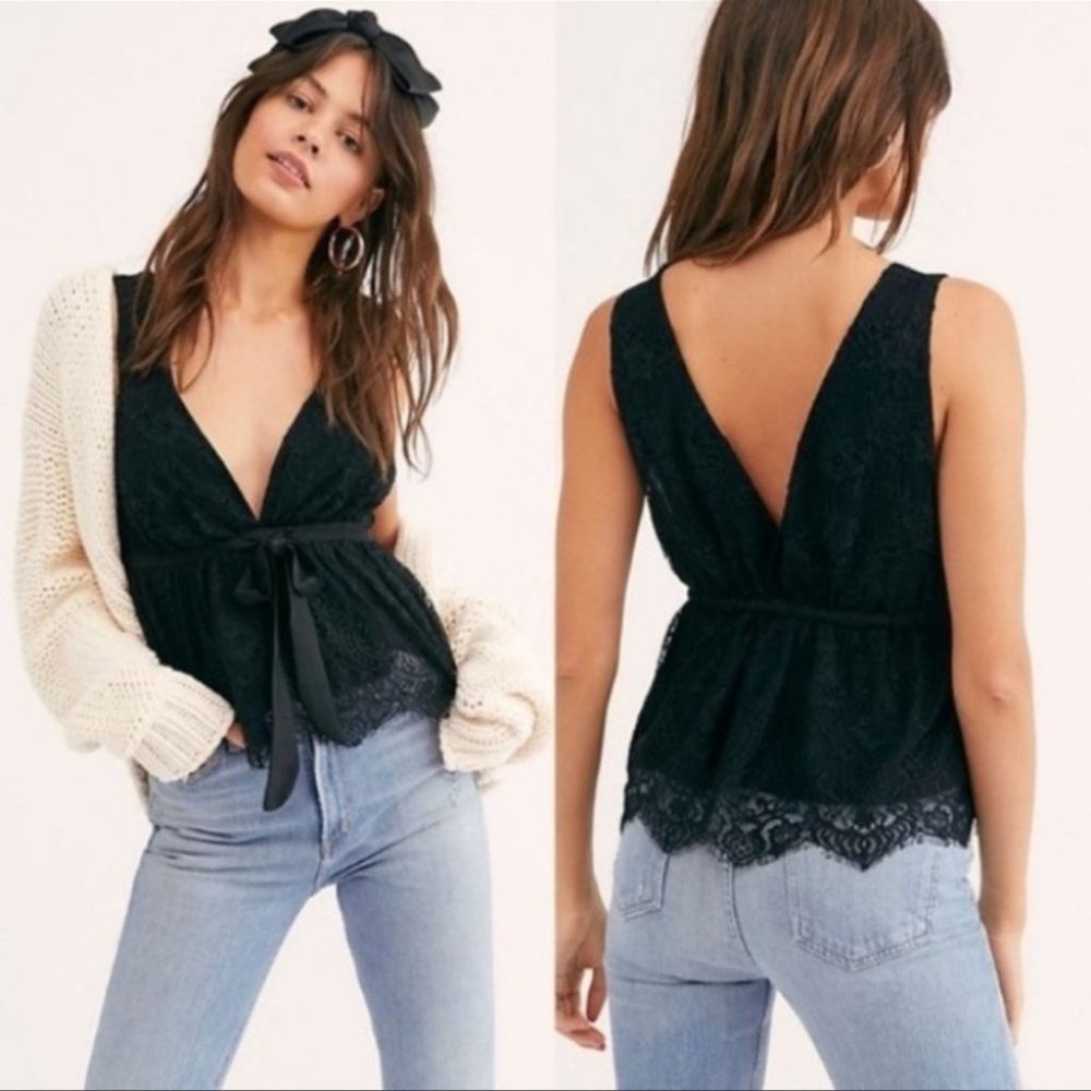 Free People Chante Lace Tie Tank Top Black